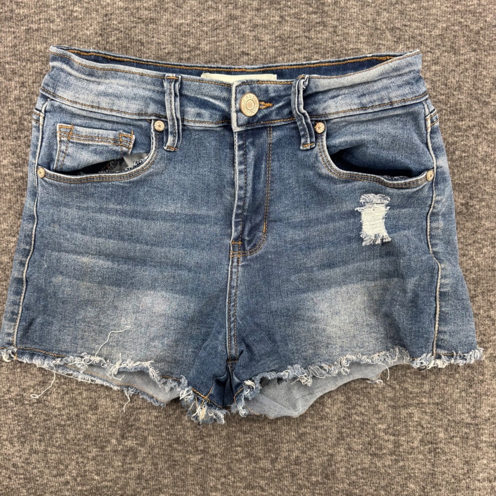 Gogo Jeans Womens High Rise Distressed Raw Hem Denim Shorts Blue GOGO Size 7